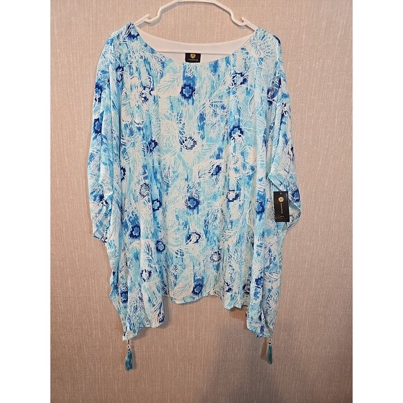JM Collection Tops - JM Collection SIze 2X Tunic Top fully lined blue white tassels poncho style New